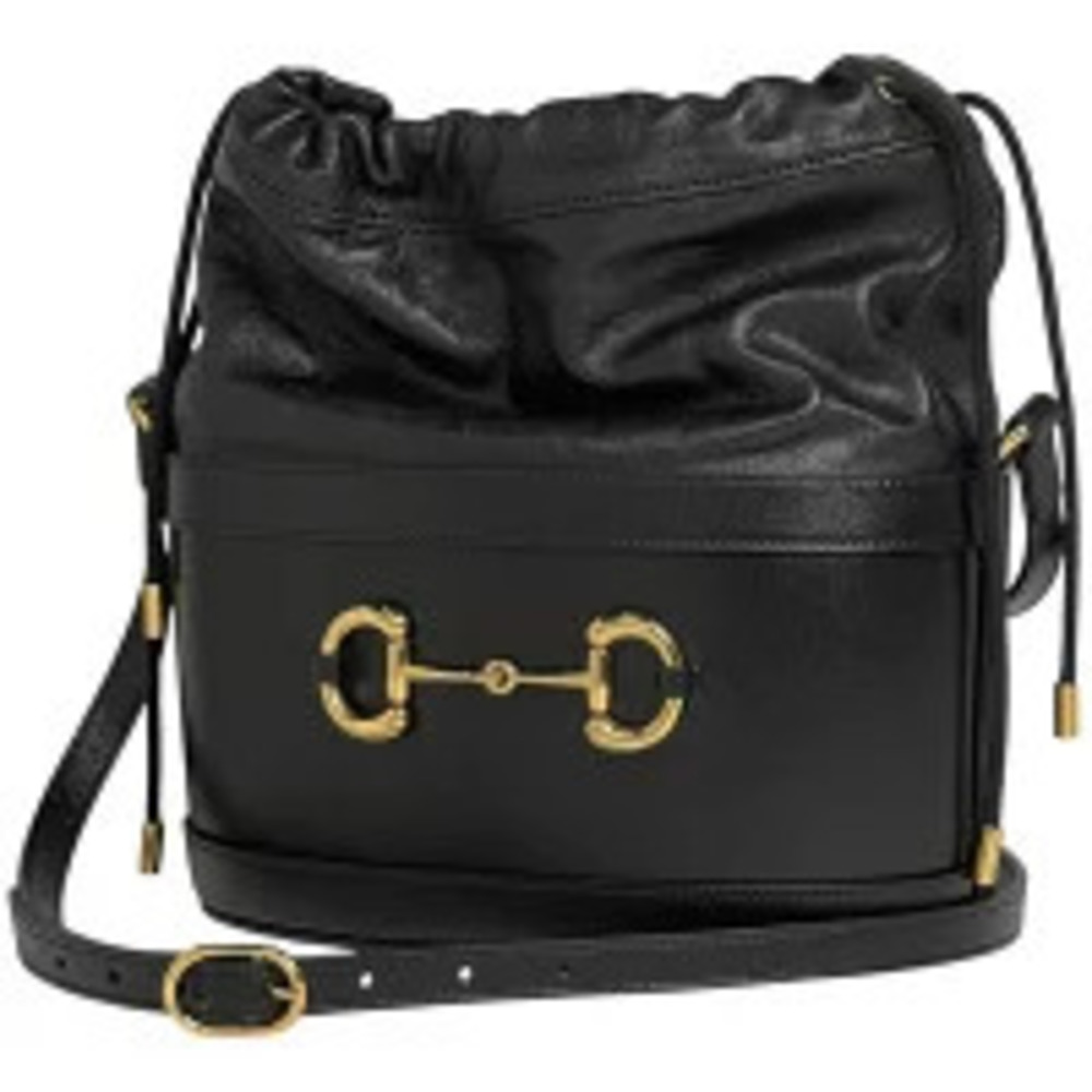 Gucci Horsebit Shoulder Bag Drawstring Leather Black